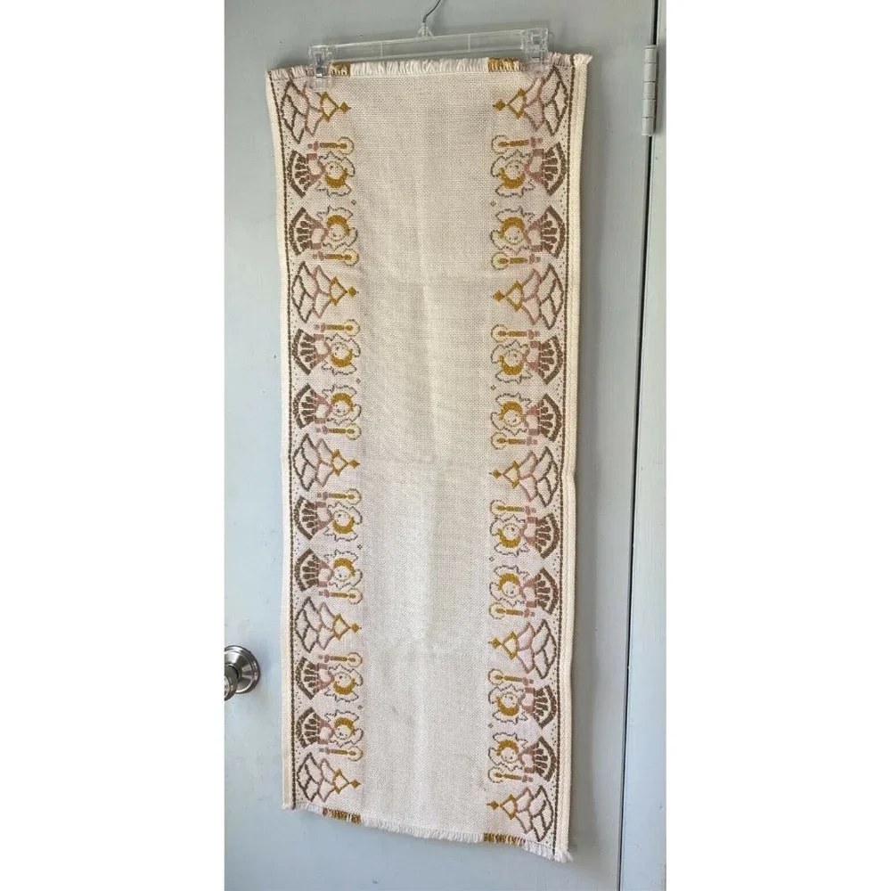 VINTAGE CHRISTMAS GOLD IVORY TABLE RUNNER SCARF ANGEL CANDLE TREE  DISNEY TAG